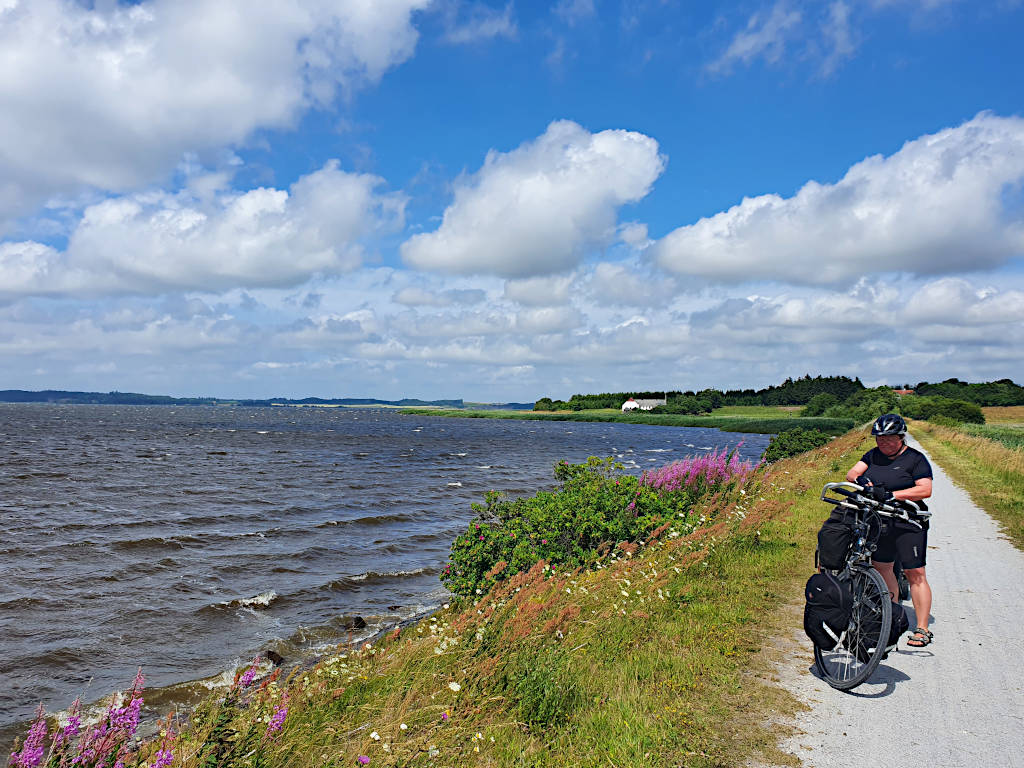 Radfahrerin pausiert am Ufer des Hjarbæk-Fjordes
