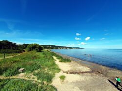 Am Kattegat-Strand bei gutem Wetter, mit blauem Himmel und blauer See.